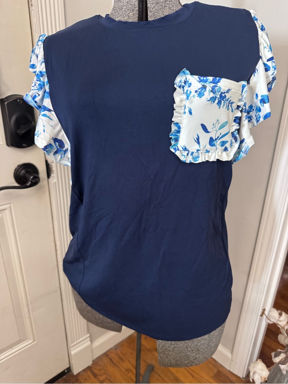 Navy Blue Floral Accent Ruffle Sleeve Pocket Tee - Avery Medium Womens